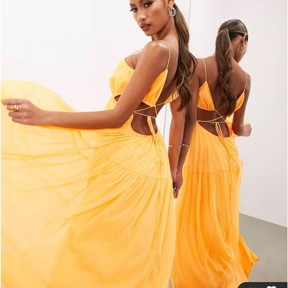 ASOS EDITION ruched gathered waist chiffon cami maxi dress in clementine 6 nwt - Picture 4 of 7